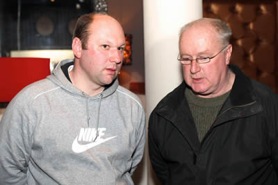 Simon Loughrey, Limavady and Jim Neill, Crossgar enjoy a chat